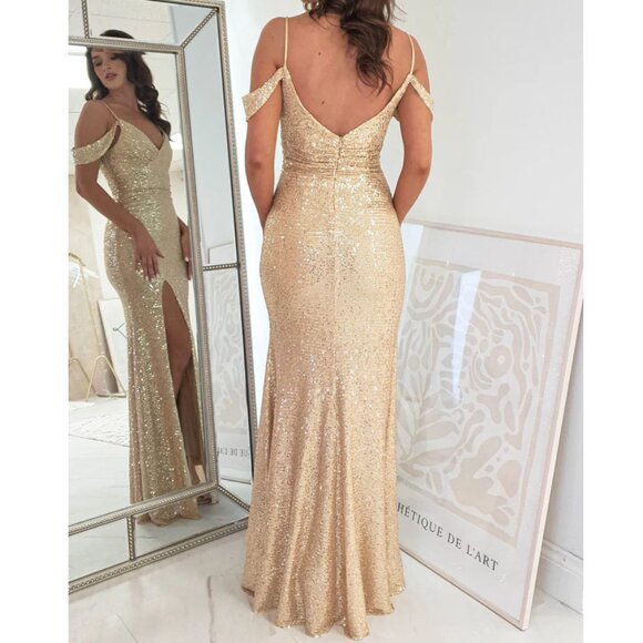 Champagne Sequin Side Slit Formal Prom Wedding Evening Dress 2 - Picture 4 of 4